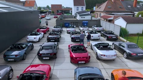 Drone Overpass Above Convertible Car Meet and Parked Roadsters Stock Footage 340535836