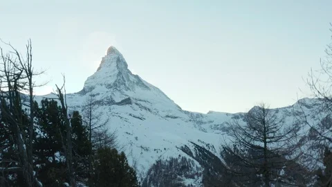 Drone overtakes trees and shows a closeup of mountain winter landscape Video stock 99534167