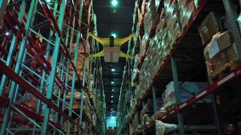 Drone with a package on a board flying inside warehouse. Delivery future concept Video stock 149456666