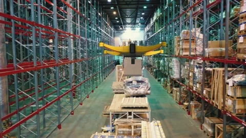 Drone with a package on a board flying inside warehouse. Delivery future concept Stock Footage 149456849
