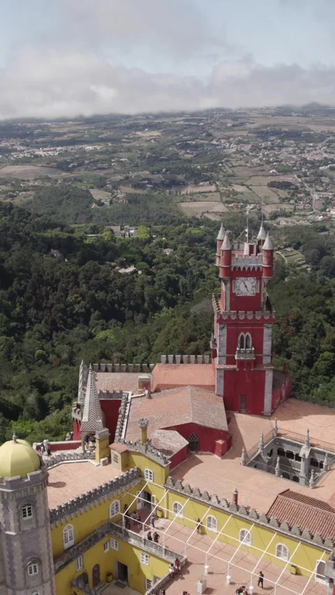 Drone Pan Around Decorative Clock Tower, Pena Palace Stock Footage 333125983
