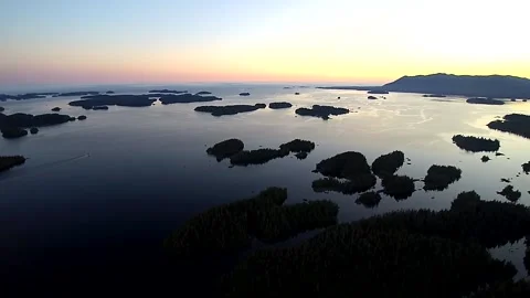 Drone Pan of Broken Group Islands, Britsh Columbia, at Sunset Video stock 144788227