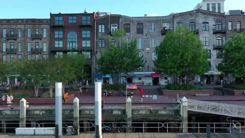 Drone Pan of Historic River Street Savannah Georgia Stock Footage 245320357