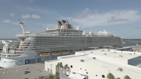 Drone pan of Large Cruise Ship in Cape Canaveral Stock Footage 229499311