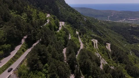 Drone Pan Left over Kotor Serpentine Mountain Switchback Road, 4K Stock Footage 337179906