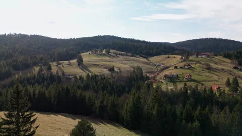 Drone pan left to right over Tara Mountain valley with forests and houses,Serbia Stock Footage 328341469