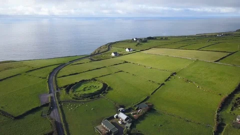 Drone Pan of Lush Green Grass Fields Near the Seaside in Dingle Ireland Stock Footage 89150552