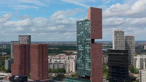 Drone pan over Manhattan loft gardens in Stratford, revealing notch in Stock Footage 345648432