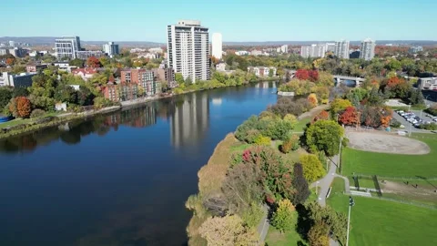 Drone Pan over river with city scape Stock Footage 314616015