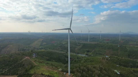 Drone Pan over Windmill and Wind Farm, Dak Mil, Central Highlands Vietnam Stock Footage 329916280