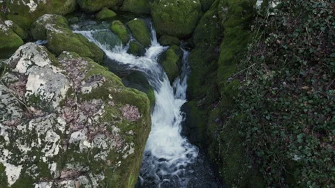 Drone pan right to left over Lisine spring stream cascade, Serbia Stock Footage 327645517