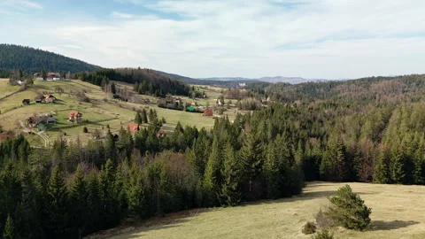 Drone pan right to left over Tara Mountain valley with evergreen forest, Serbia Stock Footage 328343025