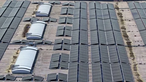 Drone Pan Right to Left Over Large Solar Farm Germany Vidéo 336102419