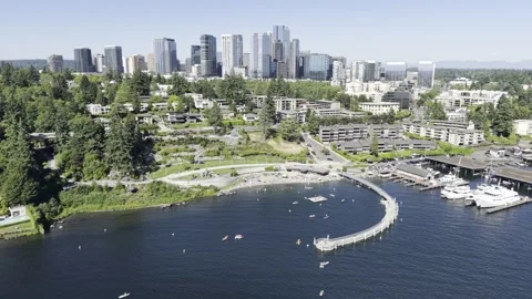 Drone Pan Right Over Meydenbauer Bay Revealing Bellevue Skyline Stock Footage 311146846