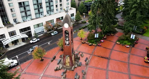 Drone Pan of Salmon Run Bell Tower and Glockenspiel in Vancouver, Washington Stock Footage 209590318
