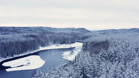 Drone pan shot of snow forest and river, trees peaks in snow under white sky 스톡 동영상 146409905