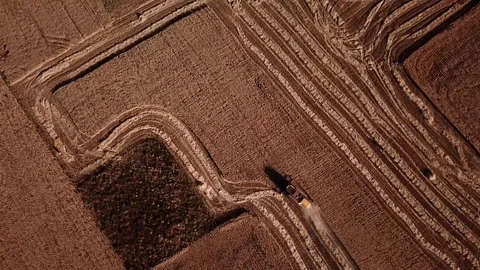 Drone pan shot of a tractor sickling a wheat farm Stock Footage 109264898