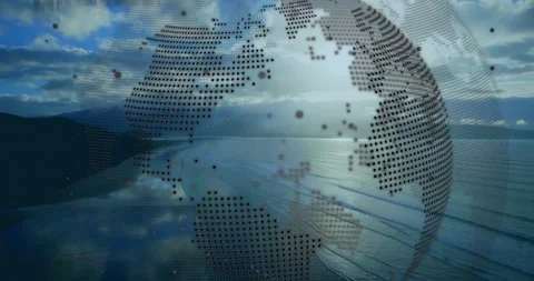 Drone pan starting dotted globe turning over coast, dots floating, HUD grids Stock Footage 331125439