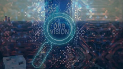 Drone panning glass-skyscraper activating circuit overlay icon enlarging Our Stock Footage 317185092