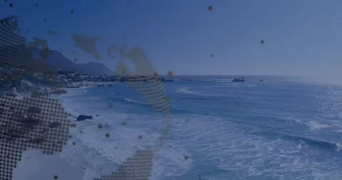 Drone panning right, globe rotating and revealing coastline while data blocks Stock Footage 328655910