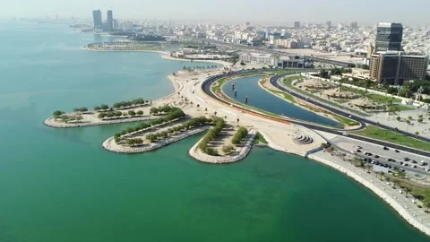 Drone Panorama of Al Khobar Waterfront and Artificial Islands Saudi Arabia Stock Footage 334812869
