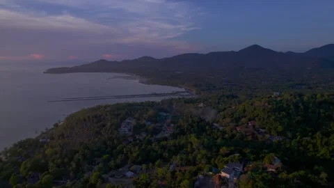 Drone panorama of dark green forests, beaches at sunset,purple sky on sunset Stock Footage 275845761