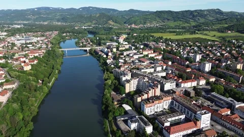 Drone Panorama of Modern Maribor and Drava River, Slovenia Stock Footage 340622688