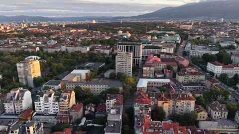 Drone Panorama Over Central Sofia With Vitosha Mountain Stockbeeldmateriaal 347076320