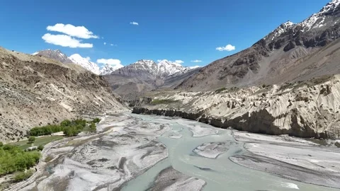 Drone Panorama of Pin Valley River Flowing Through Himalayan Mountains Stock Footage 329325631