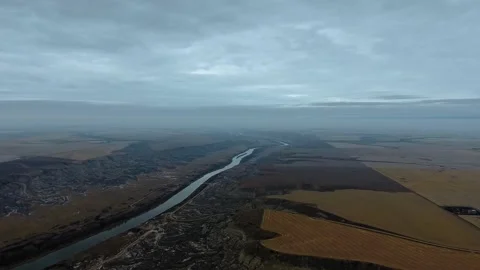 Drone panorama of Red Deer River riverbed in the plains of Alberta, Canada Video stock 197005504