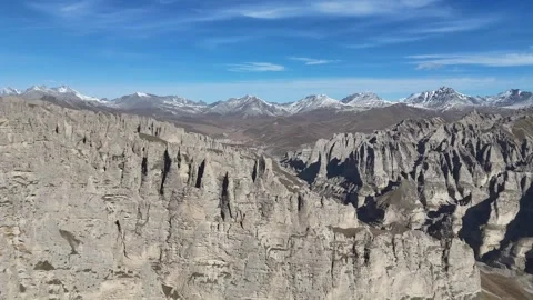 Drone panorama of rugged pale canyon cliffs and snow mountains in Xinjiang China Stock Footage 337767285