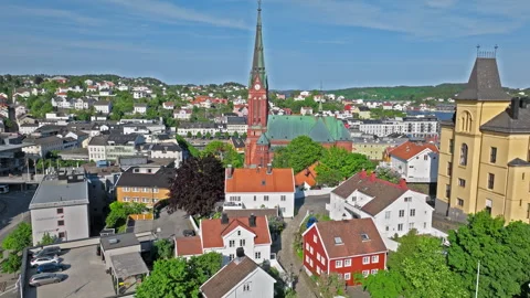 Drone panorama of Trinity Church and Tyholmen Arendal. Stock Footage 328127487