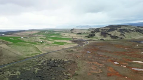 Drone panorama of volcanic plain and farmland Iceland 4K Stock Footage 343869846