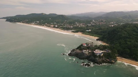 Drone Panoramic Beach Landscape of San Pancho Mexican Paradisiacal Sea Stock Footage 264854664