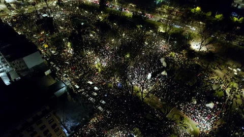 Drone Panoramic at Night, Crowd protesting scene big group of Venezuelan Stock Footage 283337594