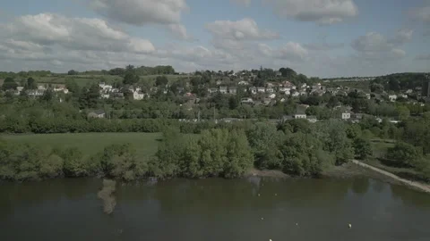 Drone Panoramic Shot Over the Loire in Oudon with TGV Passing Below Stock Footage 283823873