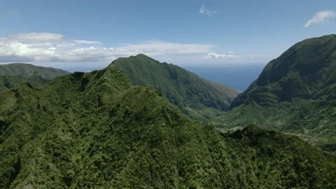 Drone panoramic shot of Pacific Ocean and mountain range on Maui, Hawaii, USA Video stock 178220063
