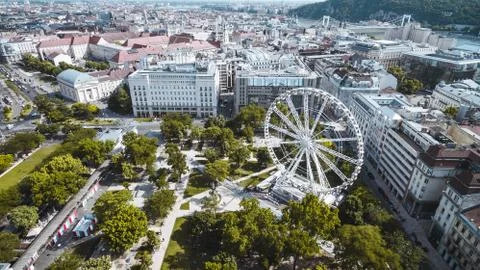 Drone panoramic skyline view of Deák Ferenc square with ferris wheel. Stock Photos