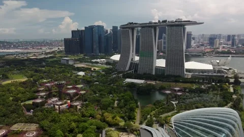 Drone Panoramic Sweep Over Gardens by the Bay and Marina Bay Sands, Singapore Stock Footage 315138909