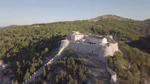 Drone Panoramic Track Around The Castle In Hvar, Croatia 4K CINEMATIC Stock Footage 113221781