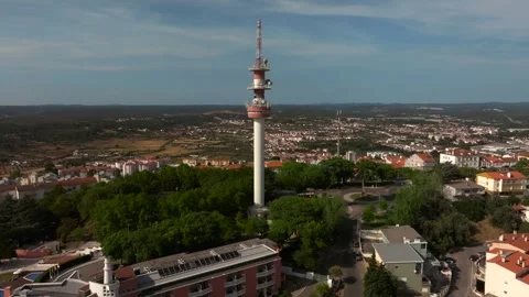 Drone Panoramic View of Abrantes Town with Telecommunication Tower, Portugal Stock Footage 317331980
