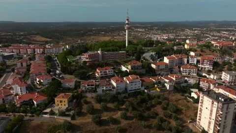 Drone Panoramic View of Abrantes Town with Telecommunication Tower, Portugal Stock Footage 317332032