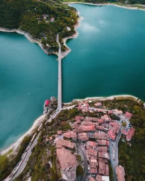 Drone panoramic view of Castel di Tora and Bridge Stock Photos