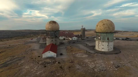 Drone Panoramic View of Torre Summit with Old Radar Domes, Serra da Estrela, Por Stock Footage 317346404