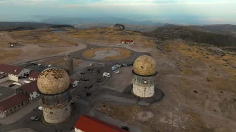 Drone Panoramic View of Torre Summit with Old Radar Domes, Serra da Estrela, Por Stock Footage 317346458