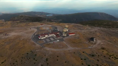 Drone Panoramic View of Torre Summit with Old Radar Domes, Serra da Estrela, Por Stock Footage 317346621