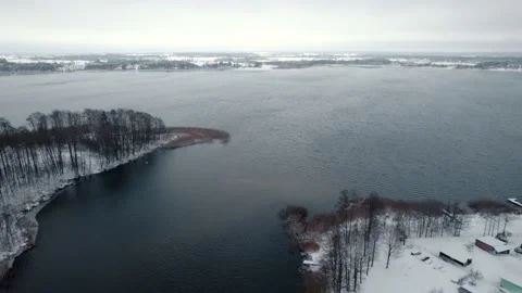 Drone panoramic view of the winter lake, 4k Stock Footage 233880166