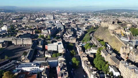 Drone pans from George Heriot's School to Waverley Station, Edinburgh Stock Footage 287104072