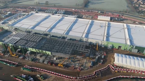 Drone pans over Google Data Centre build in Waltham Cross during construction Stock Footage 311056518
