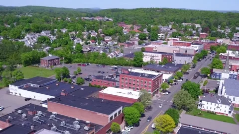 A Drone Pans Right Over Main Street In Greenfield, Massachusetts Stock Footage 329770786